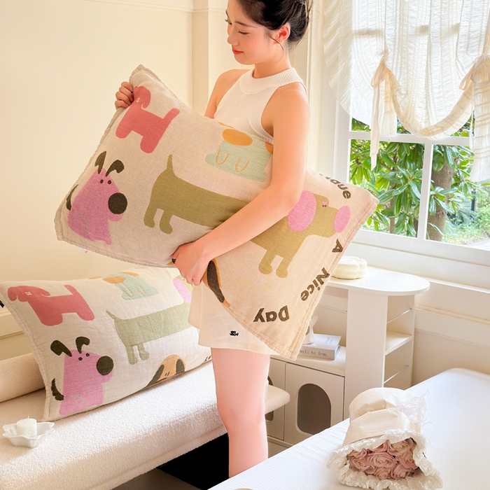 91家纺网 家纺一手货源 找家纺 朴尔家纺-毛巾被 2025新款全棉纯棉多柔AB版定位四层纱布枕巾单枕巾枕巾单件 狗狗巴士 52x75cm枕巾一对