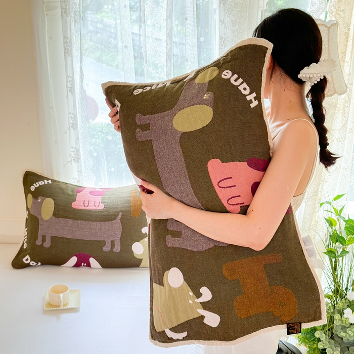 91家纺网 家纺一手货源 找家纺 朴尔家纺-毛巾被 2025新款全棉纯棉多柔AB版定位四层纱布枕巾单枕巾枕巾单件 狗狗巴士 52x75cm枕巾一对