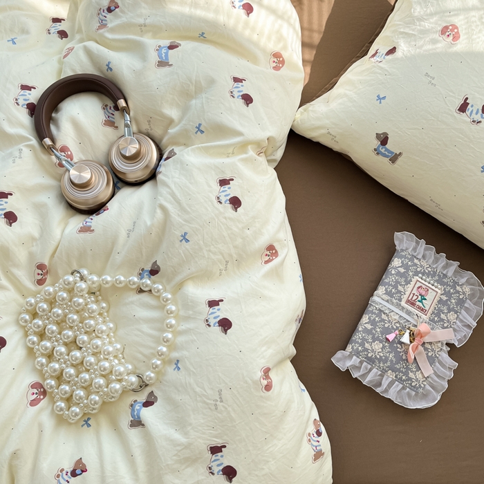 91家纺网 家纺一手货源 找家纺 彩韵家纺 2025新款水洗双层纱双拼碎花四件套 腊肠狗狗