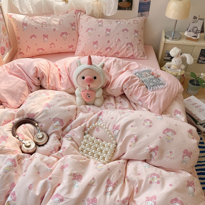 91家纺网 家纺一手货源 找家纺 卡迪熊家纺 2025新款水洗双层纱双拼碎花四件套 甜甜小兔