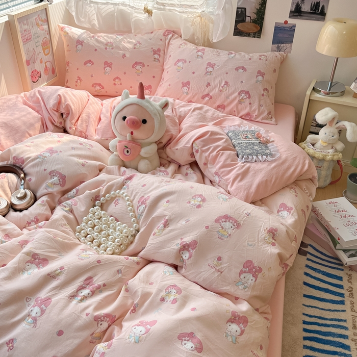 91家纺网 家纺一手货源 找家纺 卡迪熊家纺 2025新款水洗双层纱双拼碎花四件套 甜甜小兔