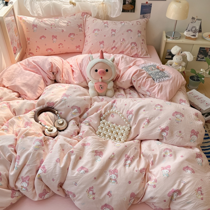 91家纺网 家纺一手货源 找家纺 卡迪熊家纺 2025新款水洗双层纱双拼碎花四件套 甜甜小兔