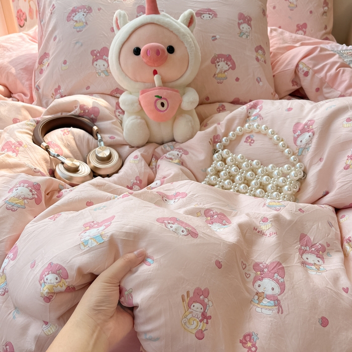 91家纺网 家纺一手货源 找家纺 卡迪熊家纺 2025新款水洗双层纱双拼碎花四件套 甜甜小兔