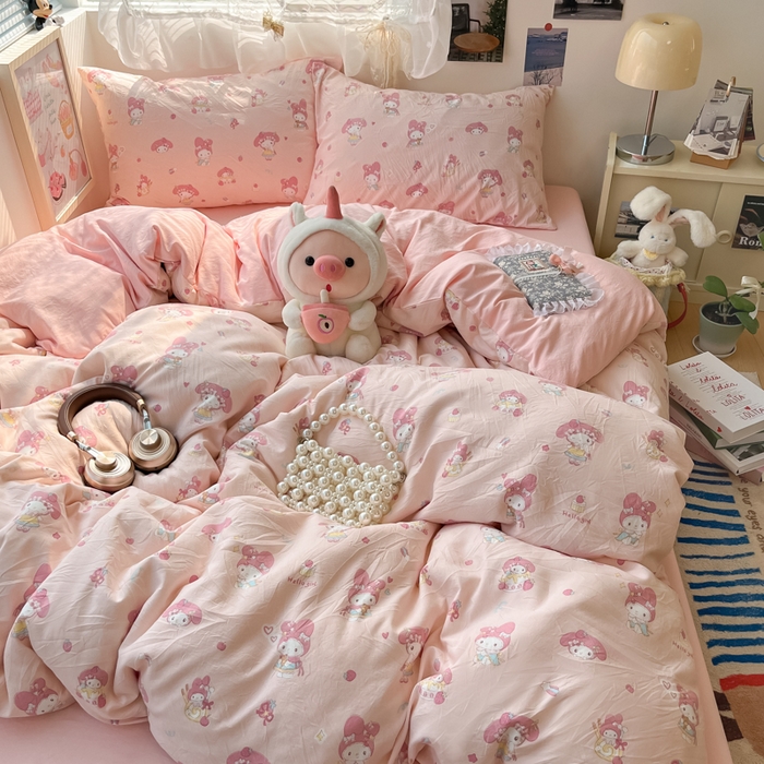 91家纺网 家纺一手货源 找家纺 卡迪熊家纺 2025新款水洗双层纱双拼碎花四件套 甜甜小兔