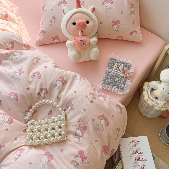 91家纺网 家纺一手货源 找家纺 卡迪熊家纺 2025新款水洗双层纱双拼碎花四件套 甜甜小兔