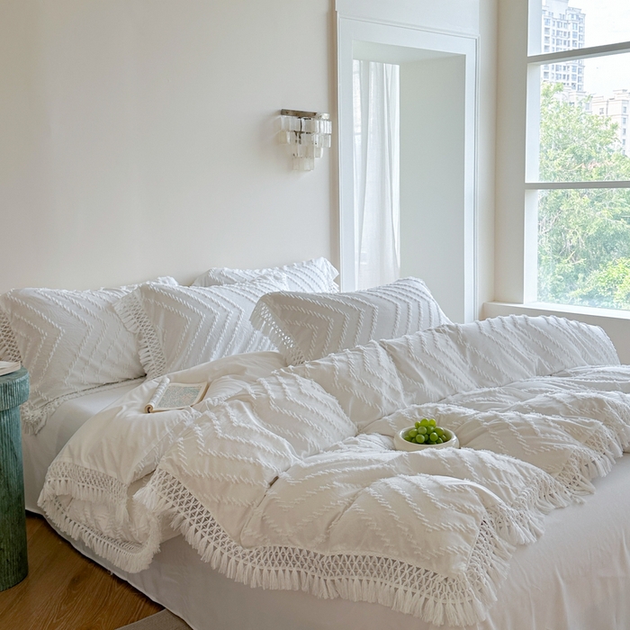 91家纺网 家纺一手货源 找家纺 （总）缘生活 2025新款素色简约立体剪花流苏四件套