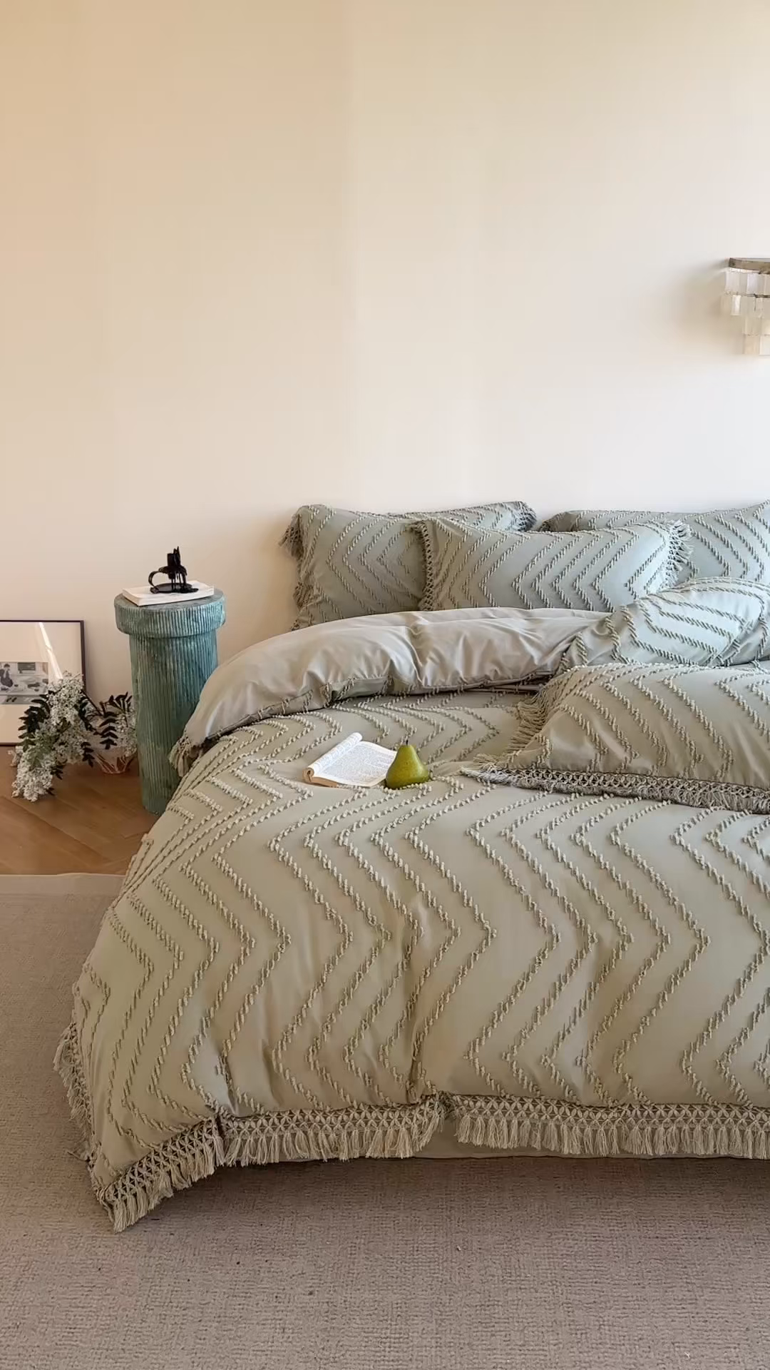 91家纺网 家纺一手货源 找家纺 缘生活 2025新款素色简约立体剪花流苏四件套 剪花波浪+流苏旧绿