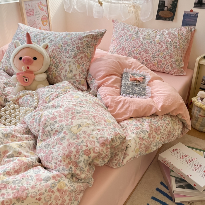 91家纺网 家纺一手货源 找家纺 彩韵家纺 2025新款水洗双层纱双拼碎花四件套 满满花海