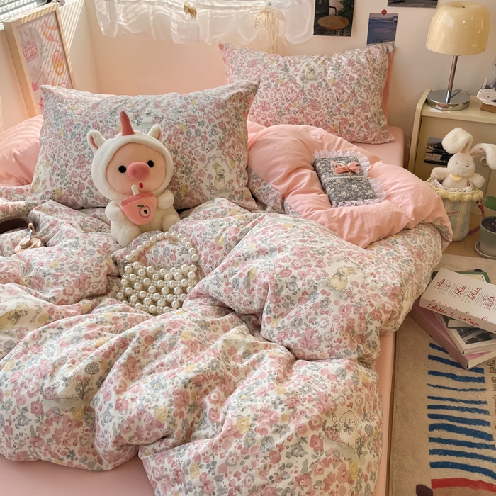 91家纺网 家纺一手货源 找家纺 彩韵家纺 2025新款水洗双层纱双拼碎花四件套 满满花海