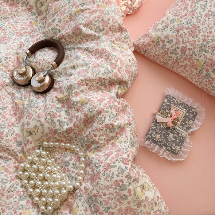 91家纺网 家纺一手货源 找家纺 彩韵家纺 2025新款水洗双层纱双拼碎花四件套 满满花海