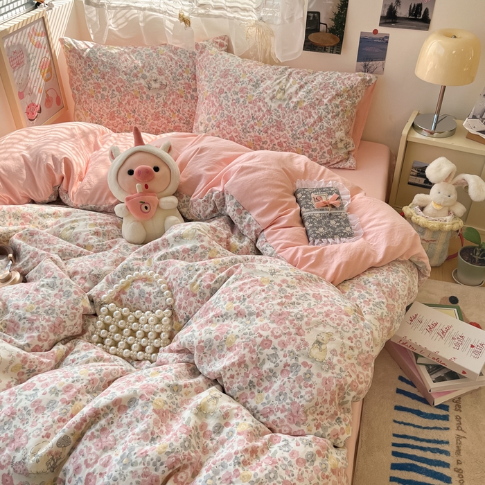 91家纺网 家纺一手货源 找家纺 彩韵家纺 2025新款水洗双层纱双拼碎花四件套 满满花海