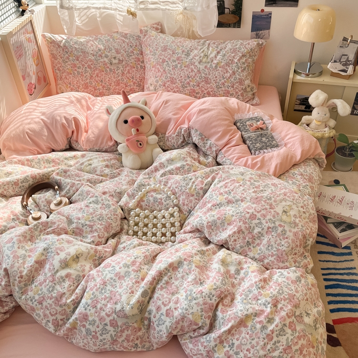 91家纺网 家纺一手货源 找家纺 彩韵家纺 2025新款水洗双层纱双拼碎花四件套 满满花海