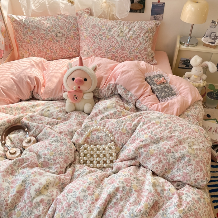 91家纺网 家纺一手货源 找家纺 彩韵家纺 2025新款水洗双层纱双拼碎花四件套 满满花海