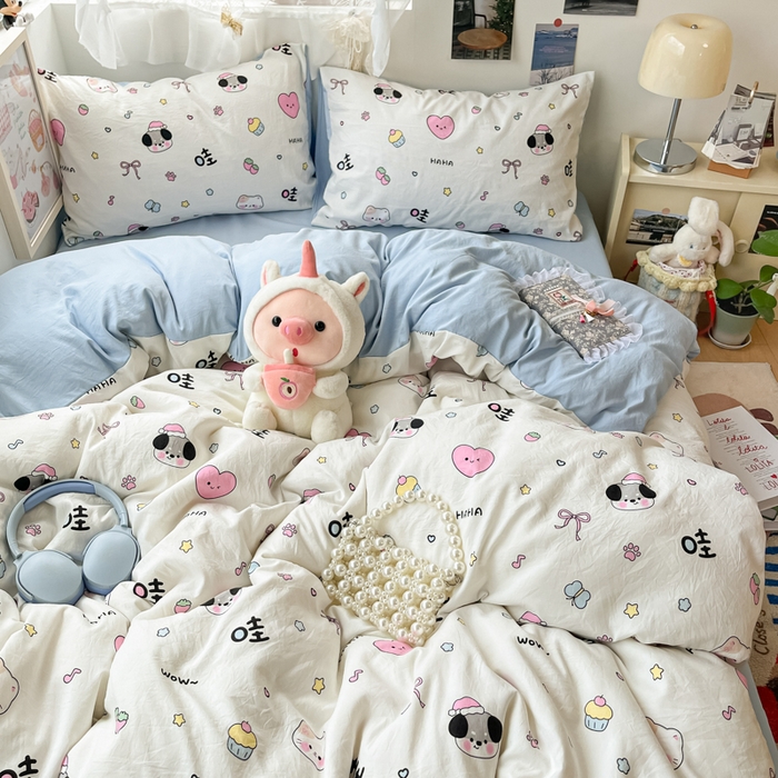 91家纺网 家纺一手货源 找家纺 卡迪熊家纺 2025新款水洗双层纱双拼碎花四件套 晚安世界