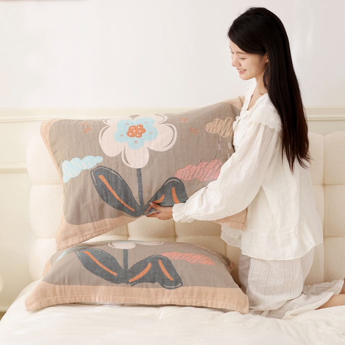 91家纺网 家纺一手货源 找家纺 朴尔家纺-毛巾被 2025新款全棉纯棉欣软系列定位四层加厚柔软纱布枕巾单枕巾枕巾单件 花枝 52x75cm枕巾一对