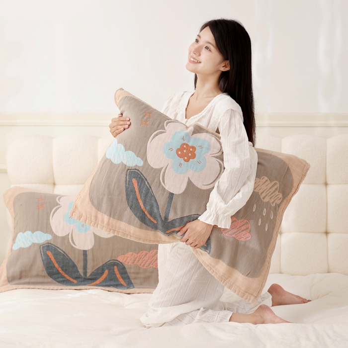 91家纺网 家纺一手货源 找家纺 朴尔家纺-毛巾被 2025新款全棉纯棉欣软系列定位四层加厚柔软纱布枕巾单枕巾枕巾单件 花枝 52x75cm枕巾一对