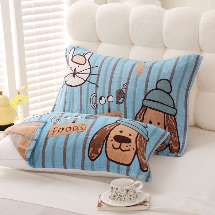 朴尔家纺-毛巾被 2025新款全棉纯棉欣软系列定位四层加厚柔软纱布枕巾单枕巾枕巾单件 开心伙伴 52x75cm枕巾一对