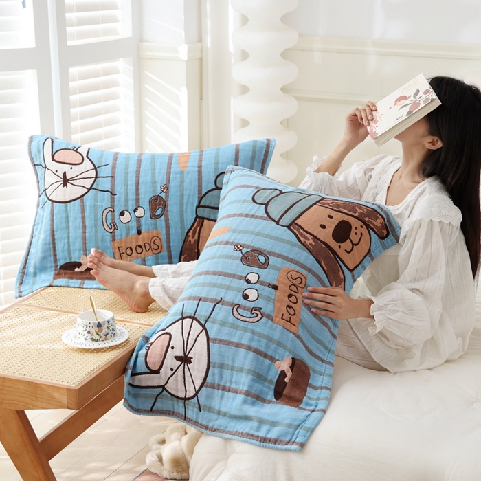 91家纺网 家纺一手货源 找家纺 朴尔家纺-毛巾被 2025新款全棉纯棉欣软系列定位四层加厚柔软纱布枕巾单枕巾枕巾单件 开心伙伴 52x75cm枕巾一对