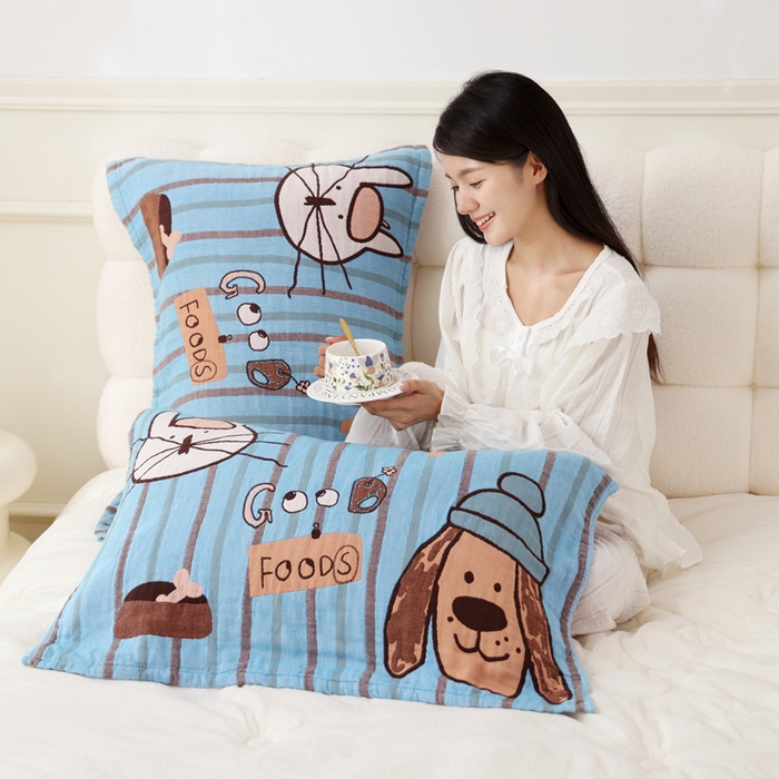 91家纺网 家纺一手货源 找家纺 朴尔家纺-毛巾被 2025新款全棉纯棉欣软系列定位四层加厚柔软纱布枕巾单枕巾枕巾单件 开心伙伴 52x75cm枕巾一对