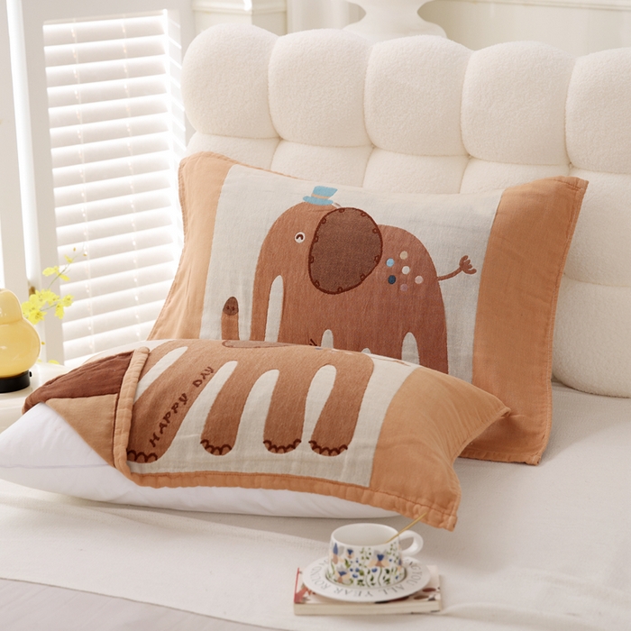 朴尔家纺-毛巾被 2025新款全棉纯棉欣软系列定位四层加厚柔软纱布枕巾单枕巾枕巾单件 礼貌象 52x75cm枕巾一对