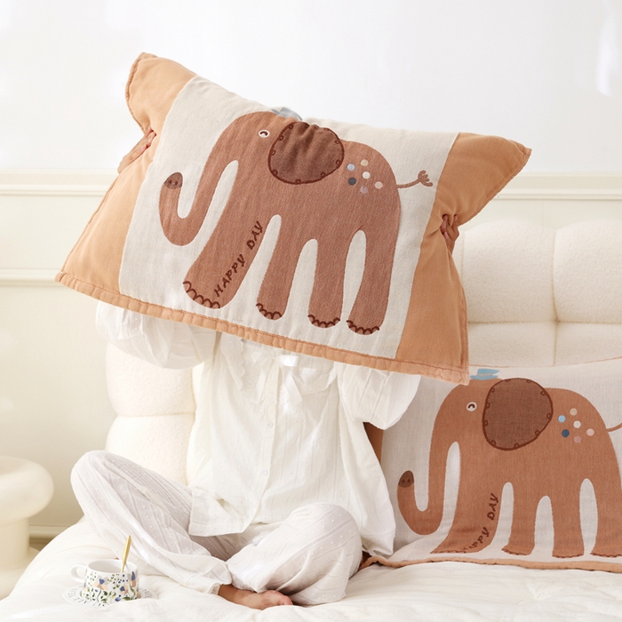 91家纺网 家纺一手货源 找家纺 朴尔家纺-毛巾被 2025新款全棉纯棉欣软系列定位四层加厚柔软纱布枕巾单枕巾枕巾单件 礼貌象 52x75cm枕巾一对