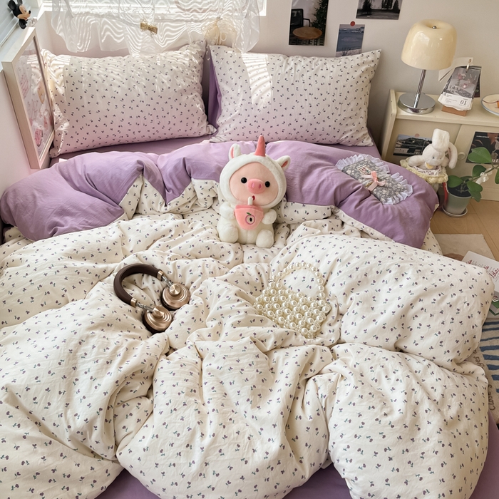 91家纺网 家纺一手货源 找家纺 卡迪熊家纺 2025新款水洗双层纱双拼碎花四件套 小花朵朵