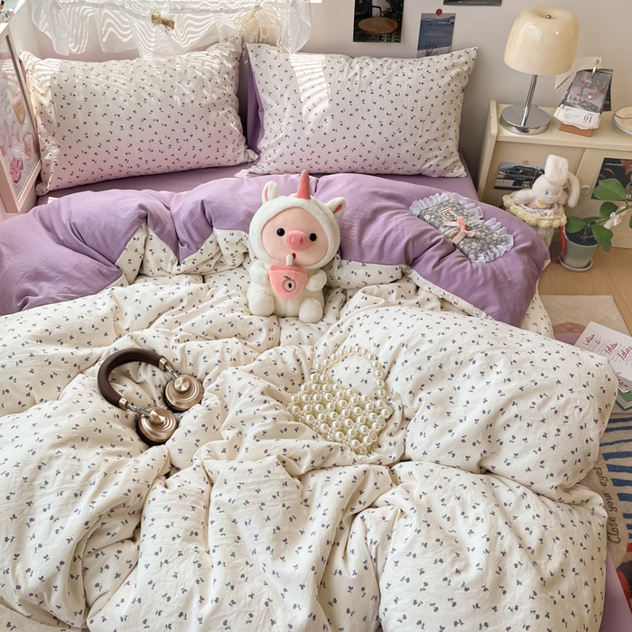 91家纺网 家纺一手货源 找家纺 卡迪熊家纺 2025新款水洗双层纱双拼碎花四件套 小花朵朵