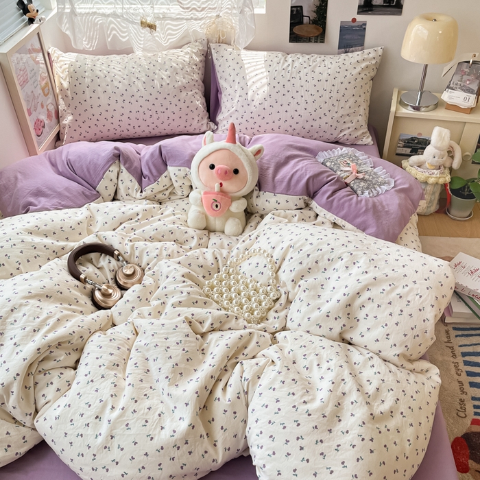 91家纺网 家纺一手货源 找家纺 卡迪熊家纺 2025新款水洗双层纱双拼碎花四件套 小花朵朵