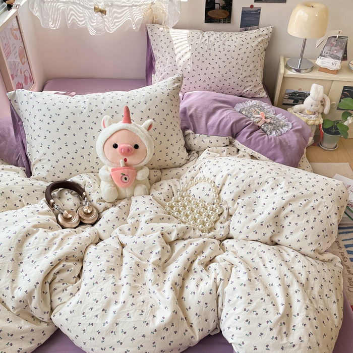 91家纺网 家纺一手货源 找家纺 卡迪熊家纺 2025新款水洗双层纱双拼碎花四件套 小花朵朵