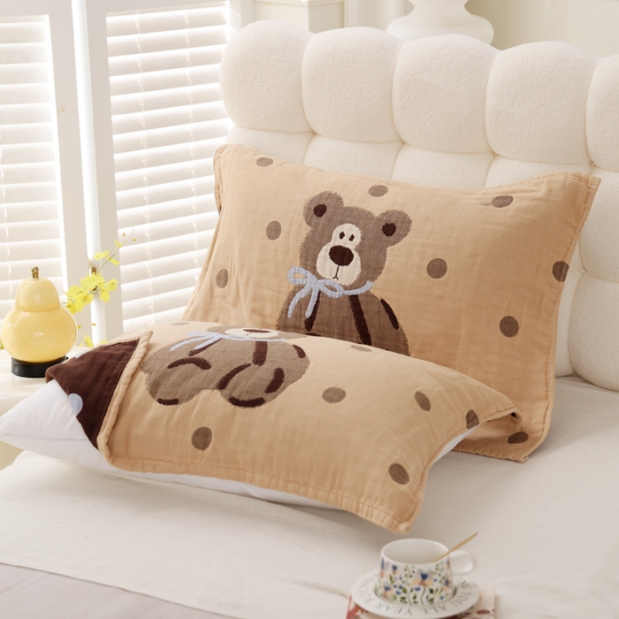 朴尔家纺-毛巾被 2025新款全棉纯棉欣软系列定位四层加厚柔软纱布枕巾单枕巾枕巾单件 圈圈熊 52x75cm枕巾一对