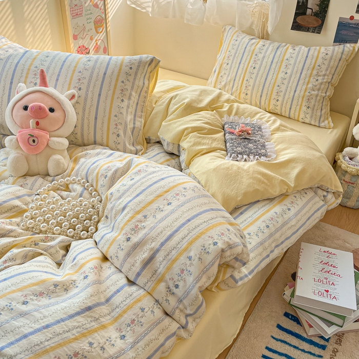 91家纺网 家纺一手货源 找家纺 彩韵家纺 2025新款水洗双层纱双拼碎花四件套 藤条花蔓