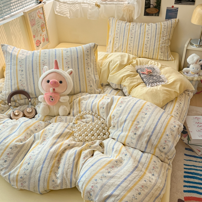 91家纺网 家纺一手货源 找家纺 彩韵家纺 2025新款水洗双层纱双拼碎花四件套 藤条花蔓