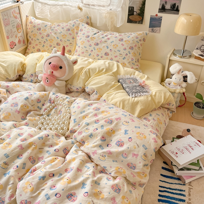 91家纺网 家纺一手货源 找家纺 彩韵家纺 2025新款水洗双层纱双拼碎花四件套 甜点小屋