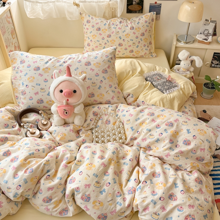 91家纺网 家纺一手货源 找家纺 彩韵家纺 2025新款水洗双层纱双拼碎花四件套 甜点小屋