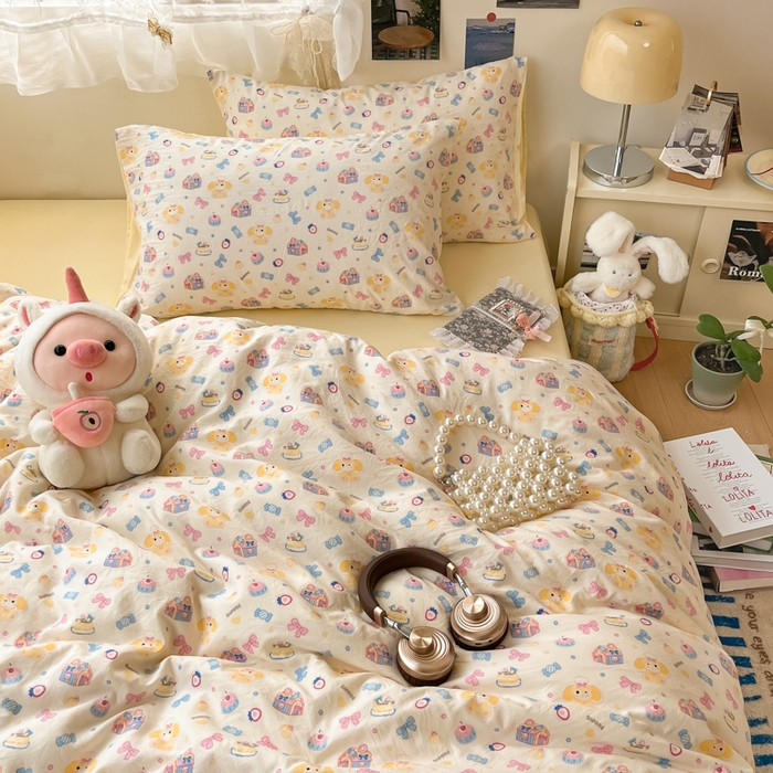 91家纺网 家纺一手货源 找家纺 彩韵家纺 2025新款水洗双层纱双拼碎花四件套 甜点小屋