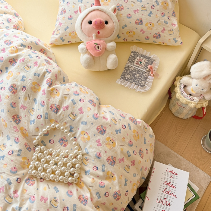 91家纺网 家纺一手货源 找家纺 彩韵家纺 2025新款水洗双层纱双拼碎花四件套 甜点小屋