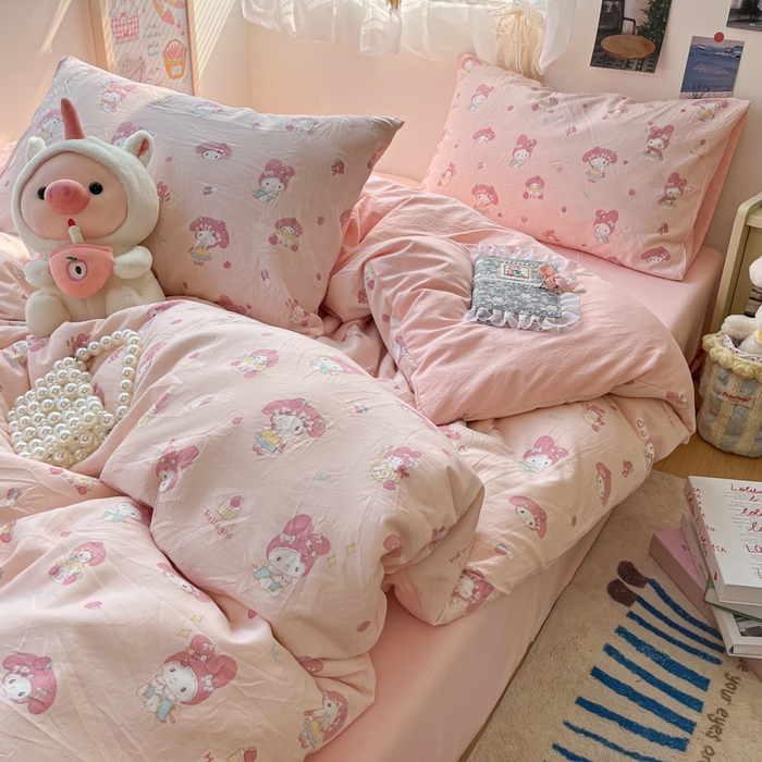 91家纺网 家纺一手货源 找家纺 彩韵家纺 2025新款水洗双层纱双拼碎花四件套 甜甜小兔