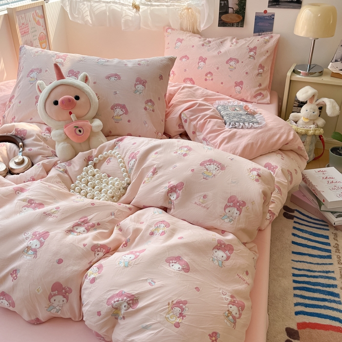 91家纺网 家纺一手货源 找家纺 彩韵家纺 2025新款水洗双层纱双拼碎花四件套 甜甜小兔