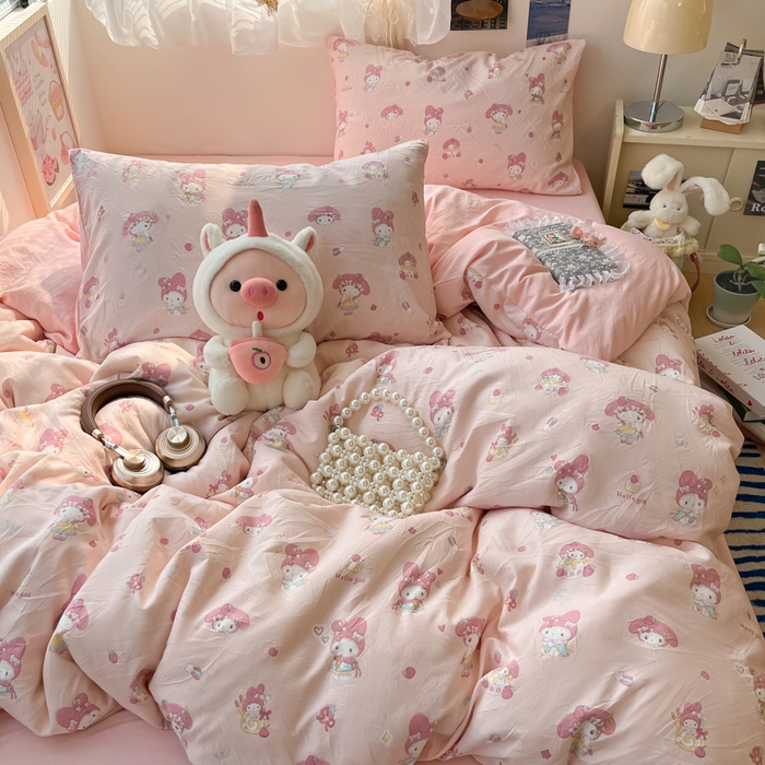 91家纺网 家纺一手货源 找家纺 彩韵家纺 2025新款水洗双层纱双拼碎花四件套 甜甜小兔