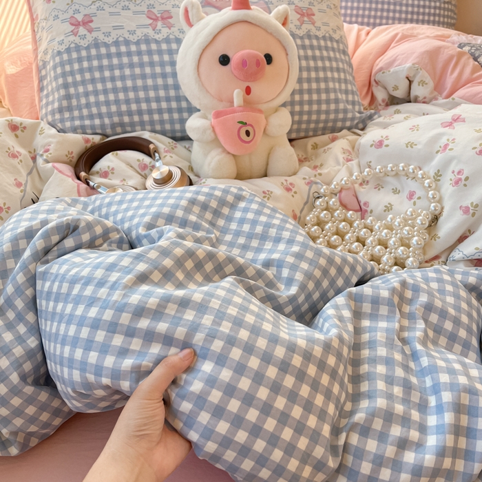 彩韵家纺 2025新款水洗双层纱双拼碎花四件套 甜心猫咪