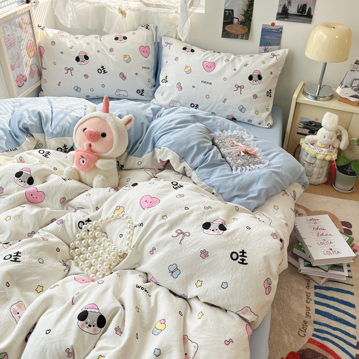 91家纺网 家纺一手货源 找家纺 彩韵家纺 2025新款水洗双层纱双拼碎花四件套 晚安世界