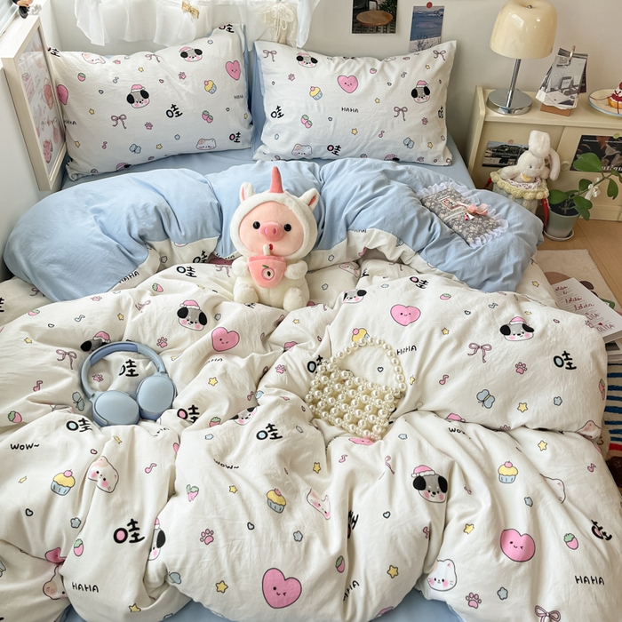 91家纺网 家纺一手货源 找家纺 彩韵家纺 2025新款水洗双层纱双拼碎花四件套 晚安世界