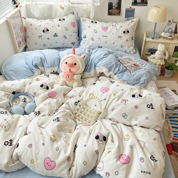 91家纺网 家纺一手货源 找家纺 彩韵家纺 2025新款水洗双层纱双拼碎花四件套 晚安世界