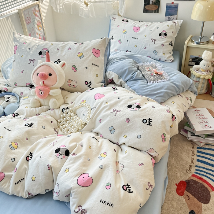 91家纺网 家纺一手货源 找家纺 彩韵家纺 2025新款水洗双层纱双拼碎花四件套 晚安世界