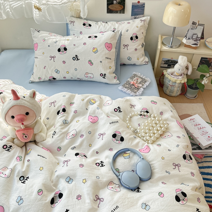 91家纺网 家纺一手货源 找家纺 彩韵家纺 2025新款水洗双层纱双拼碎花四件套 晚安世界