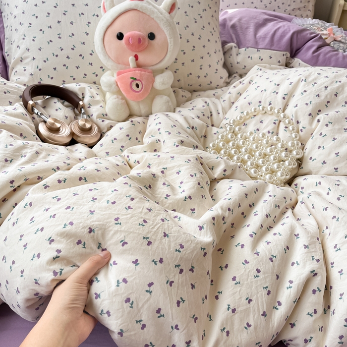 彩韵家纺 2025新款水洗双层纱双拼碎花四件套 小花朵朵