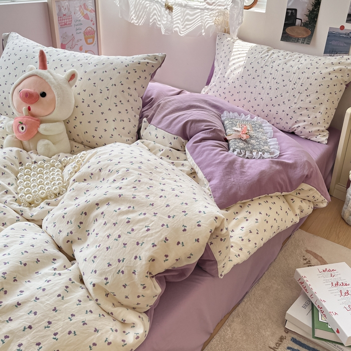 91家纺网 家纺一手货源 找家纺 彩韵家纺 2025新款水洗双层纱双拼碎花四件套 小花朵朵