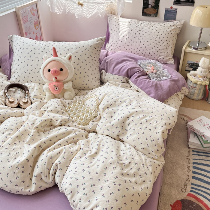 91家纺网 家纺一手货源 找家纺 彩韵家纺 2025新款水洗双层纱双拼碎花四件套 小花朵朵