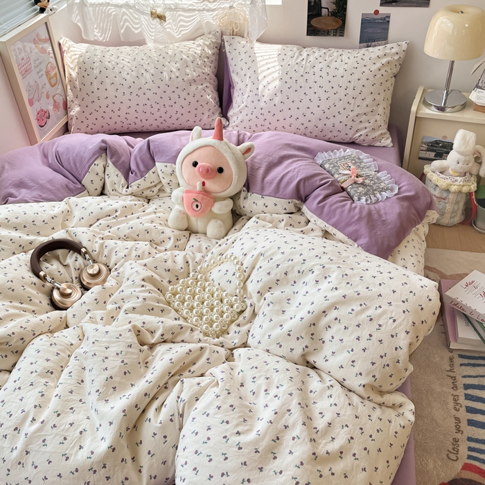 91家纺网 家纺一手货源 找家纺 彩韵家纺 2025新款水洗双层纱双拼碎花四件套 小花朵朵