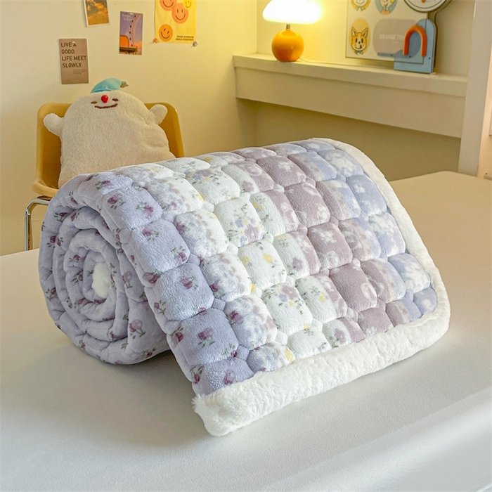 91家纺网 家纺一手货源 找家纺 梵朴 2025新款学生宿舍上下铺牛奶绒夹棉床垫床护垫床褥子 条纹小花-紫